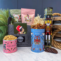 Santagram Gift Basket with Dilly Peanuts, Furikake Snack Mix Tin, Ginger Snap Cookies Tin, and Candy Bags