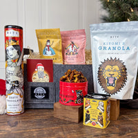Vegan Gift Basket with Zesty Chocolate Tin, Bob's Nuts Tin, Orange Almond Tea Tin, Bag of Granola, and two bags of candy