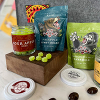 Sour Apple Dots, Pineapple Gummy Bears, and Chocolate Sea Salt Caramels