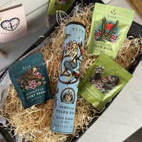 Vanilla Polka Dot Cookie Tin, Pineapple Gummy Bears, Peach Buds, Chocolate Sea Salt Caramels