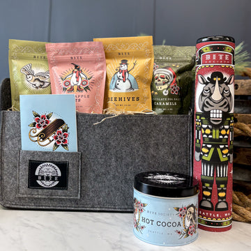 Christmas Sweets Gift Basket with White Chocolate Cranberry Cookie Tin, Hot Cocoa Tin, and 4 Candy Bags