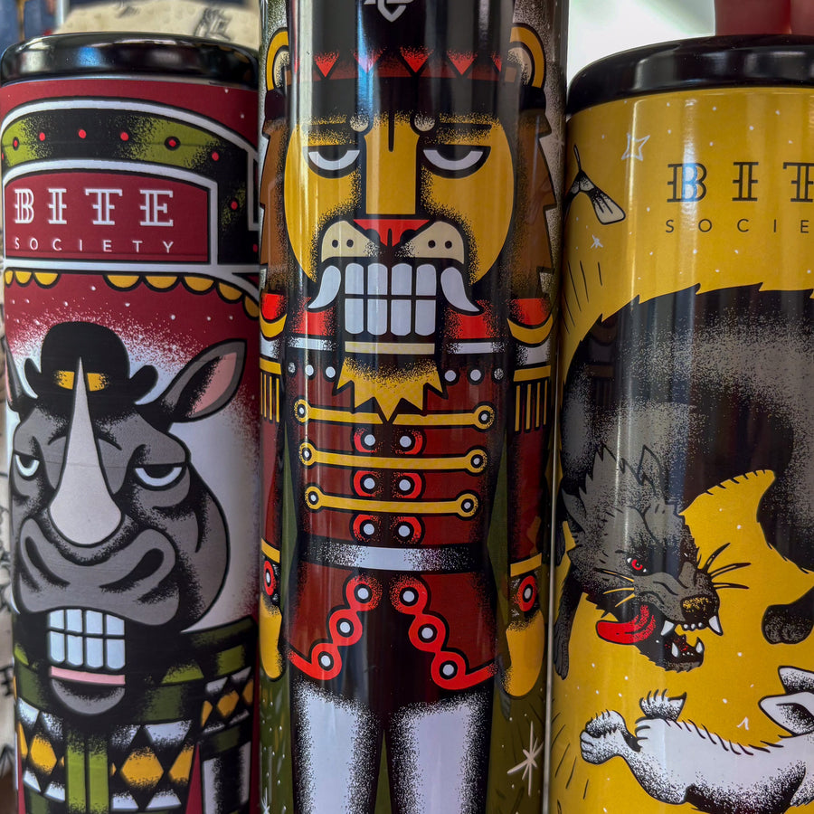 Cookie tins with nutcracker and wolf decor