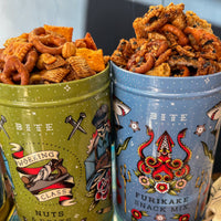 Furikake and Nuts & Bolts Snack Mixes in tins.