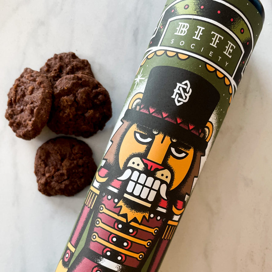 Our Lion Nutcracker Tin contains our Peppermint Chocolate Crunch Cookies