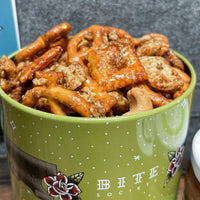 Nuts & Bolts Pub Mix. Chex, Cheez-its, Pretzels, Cashews, Almonds in a slightly spicy coating