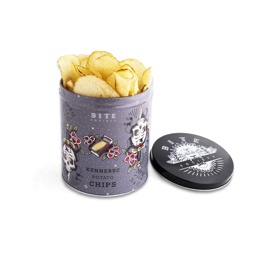 Locally Curated Seattle Gift Basket & Gift Sets: Kennebec Potato Chip Tin / Small Batch Potato Chips in a Tatto Skull Tin / Made in Seattle